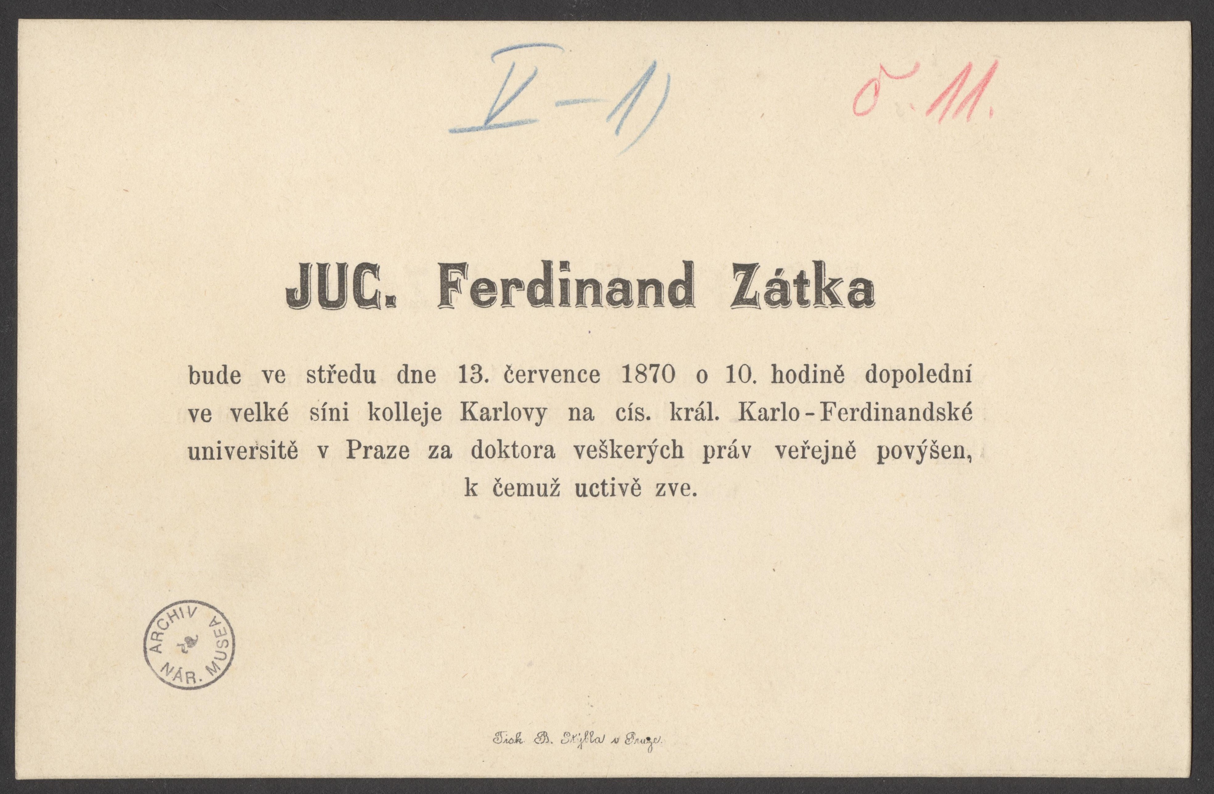 Náhledový obrázek Oznámení o promoci Ferdinanda Zátky - 1