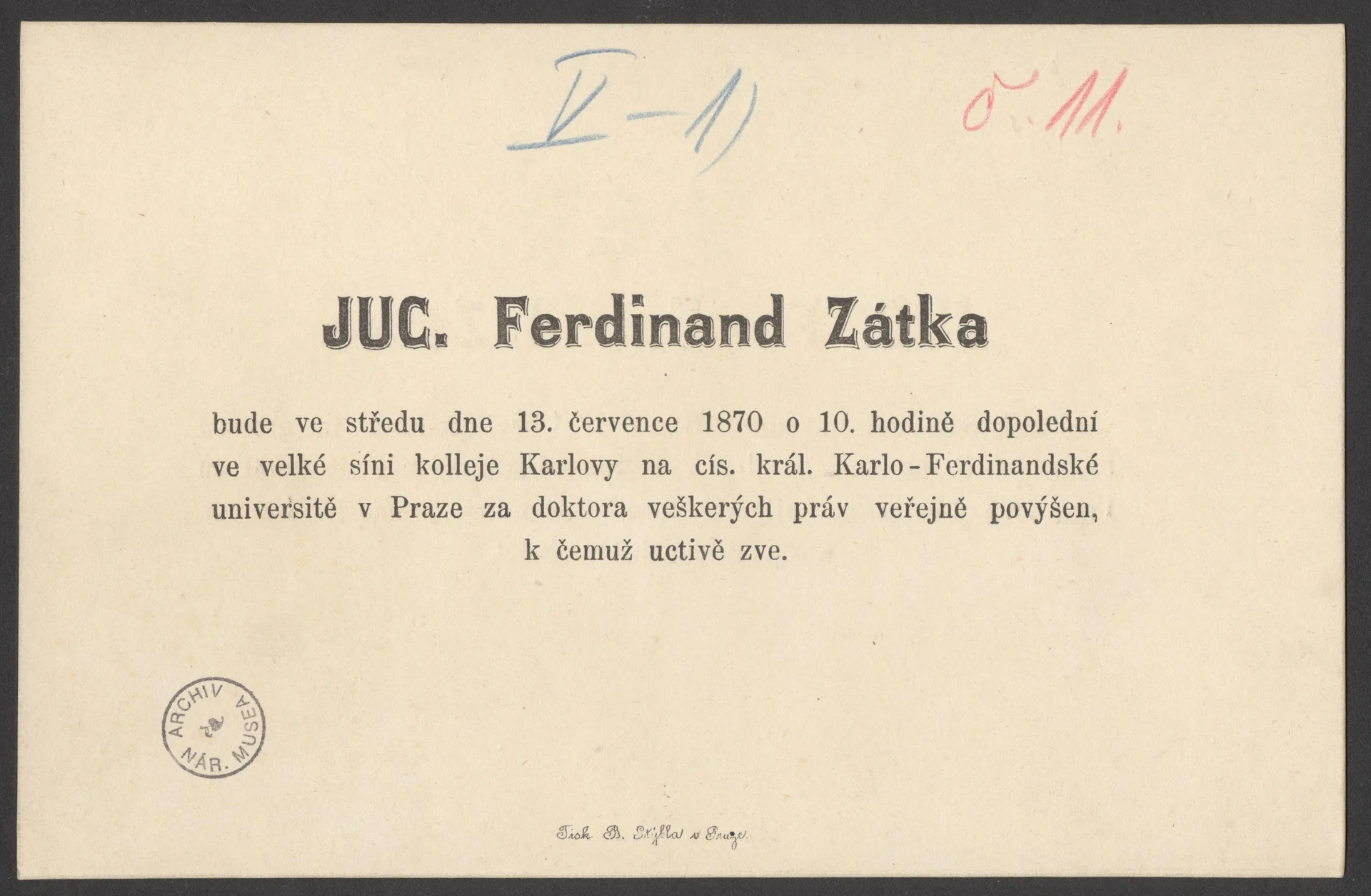 Náhledový obrázek předmětu Oznámení o promoci Ferdinanda Zátky