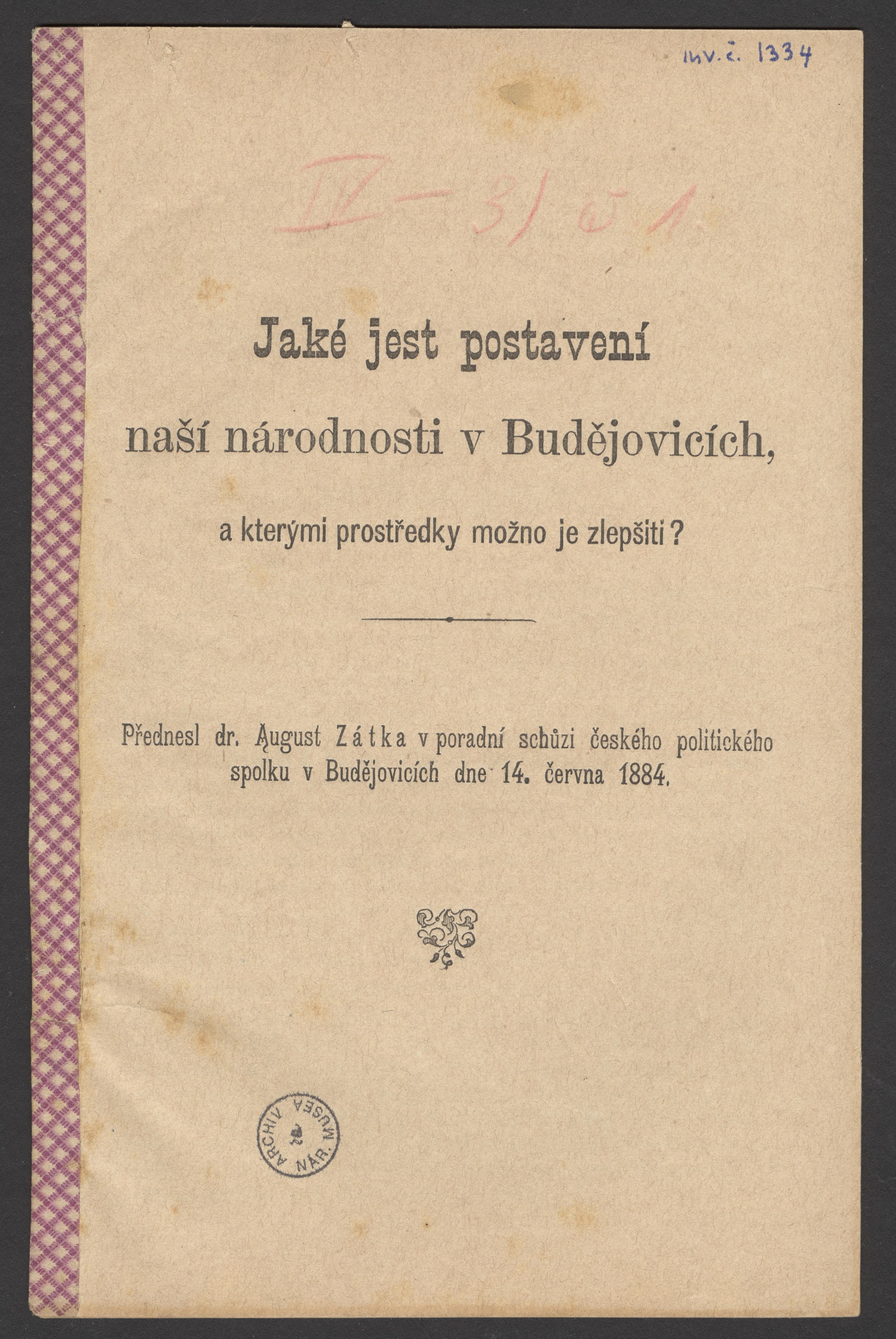 Náhledový obrázek Proslov Augusta Zátky pro Český politický spolek - 1