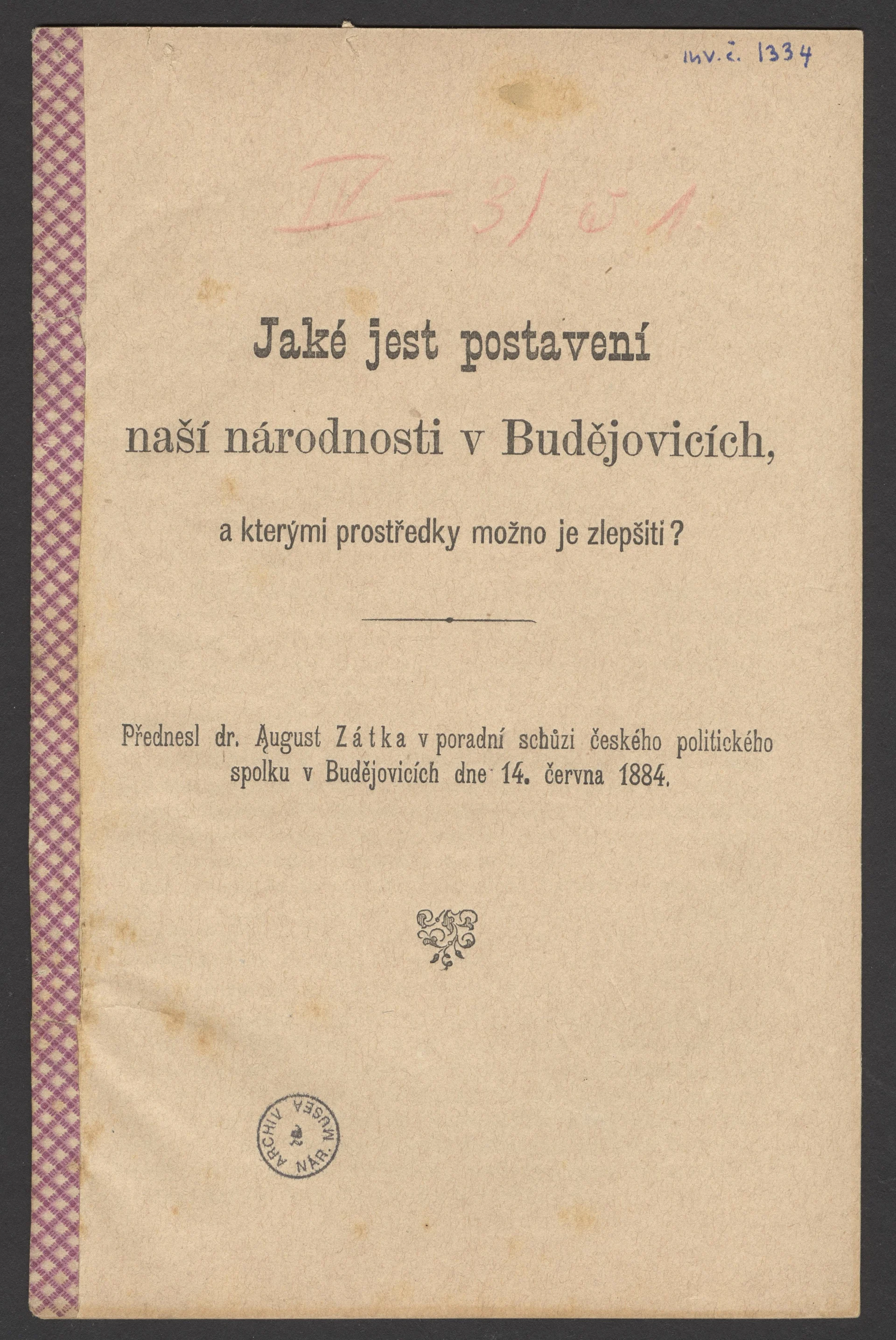 Náhledový obrázek předmětu Proslov Augusta Zátky pro Český politický spolek
