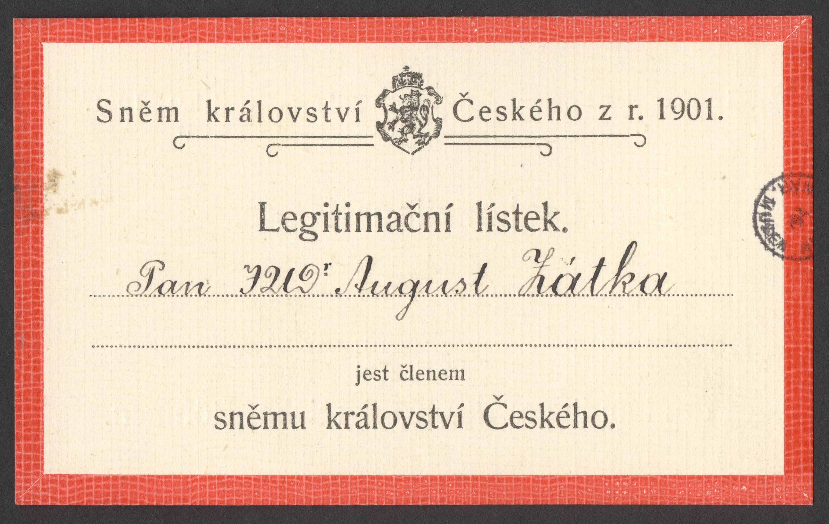 Náhledový obrázek Legitimační lístek Augusta Zátky do českého zemského sněmu - 1