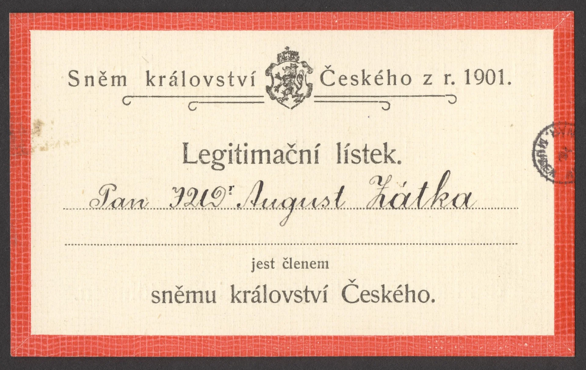Náhledový obrázek předmětu Legitimační lístek Augusta Zátky do českého zemského sněmu