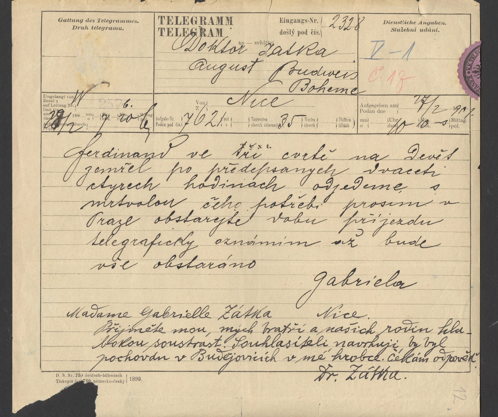 Náhledový obrázek předmětu Telegram Gabriely Zátkové švagrovi Augustovi o úmrtí Ferdinanda Zátky