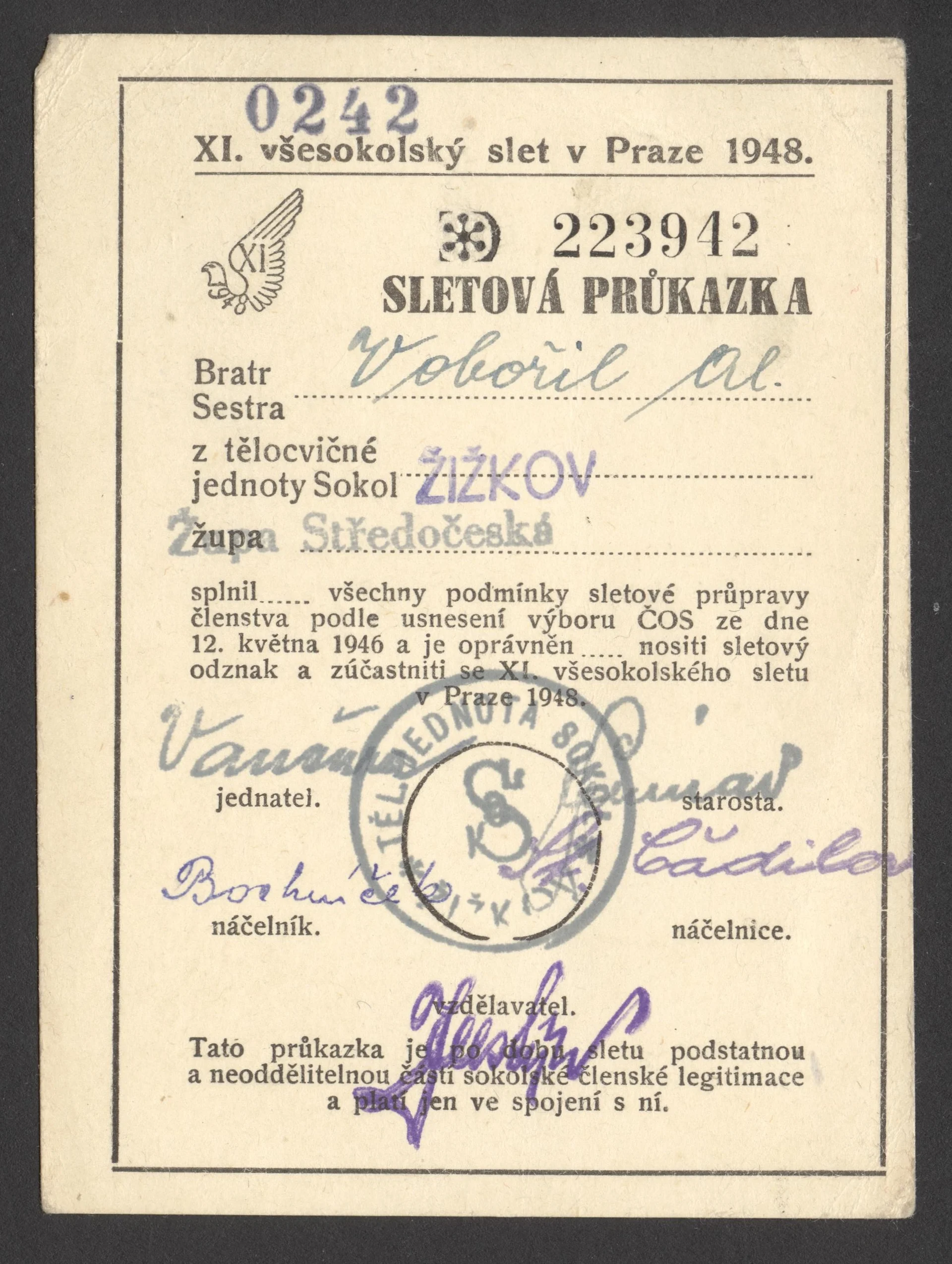 Náhledový obrázek předmětu Sletová průkazka k XI. všesokolskému sletu v Praze 1948
