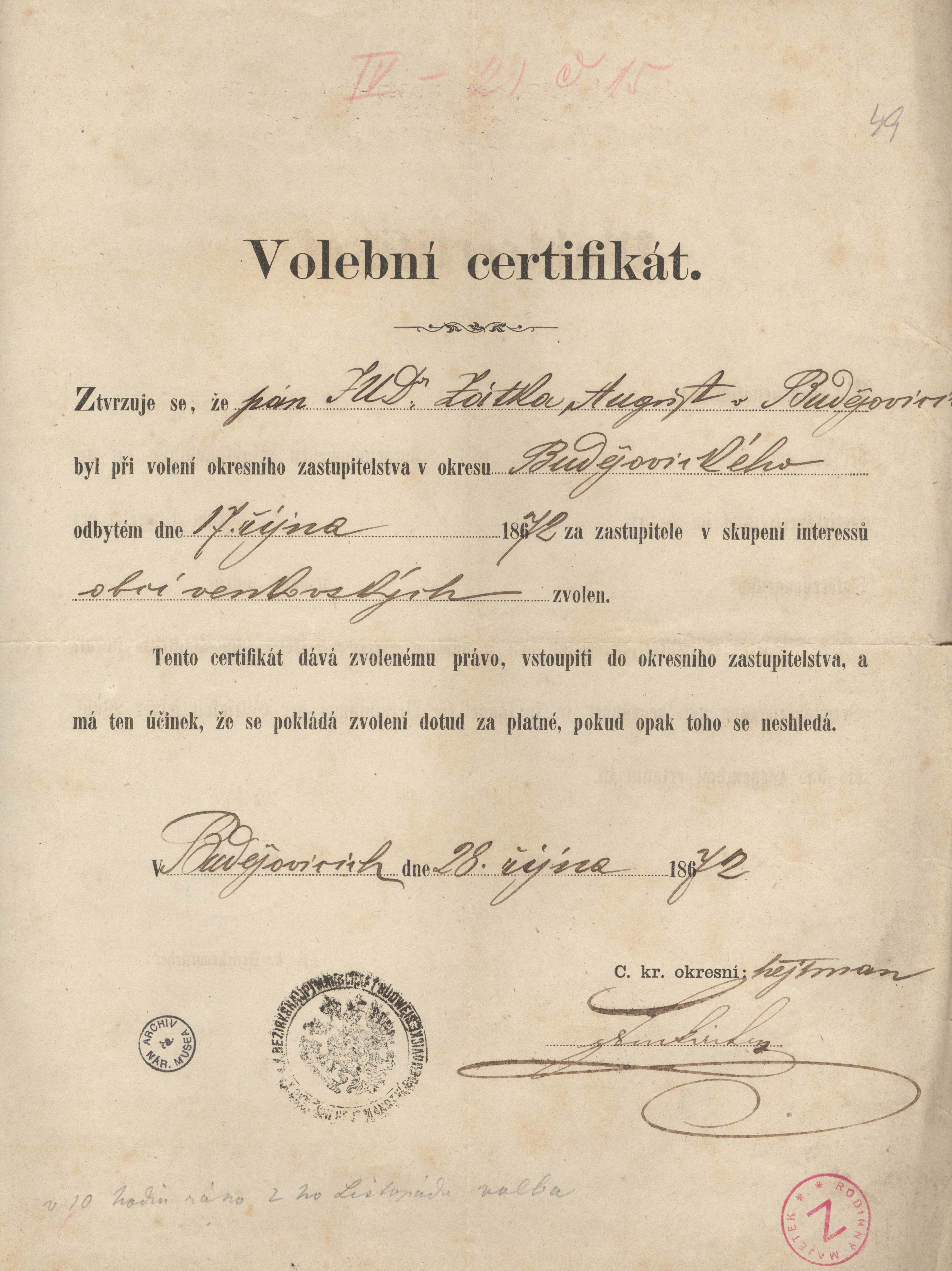 Náhledový obrázek Volební certifikát Augusta Zátky k jeho zvolení do okresního zastupitelstva - 1