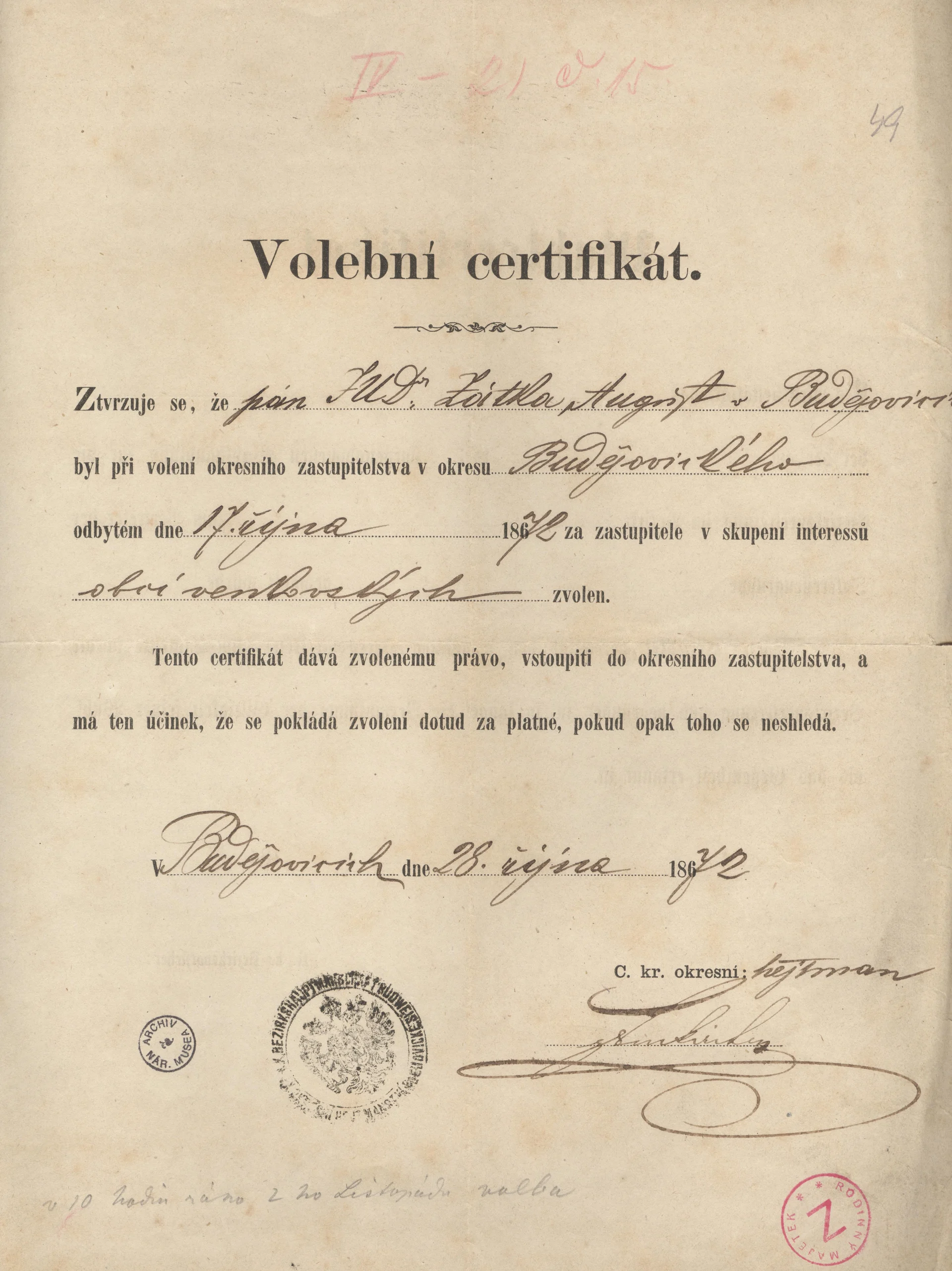 Náhledový obrázek předmětu Volební certifikát Augusta Zátky k jeho zvolení do okresního zastupitelstva