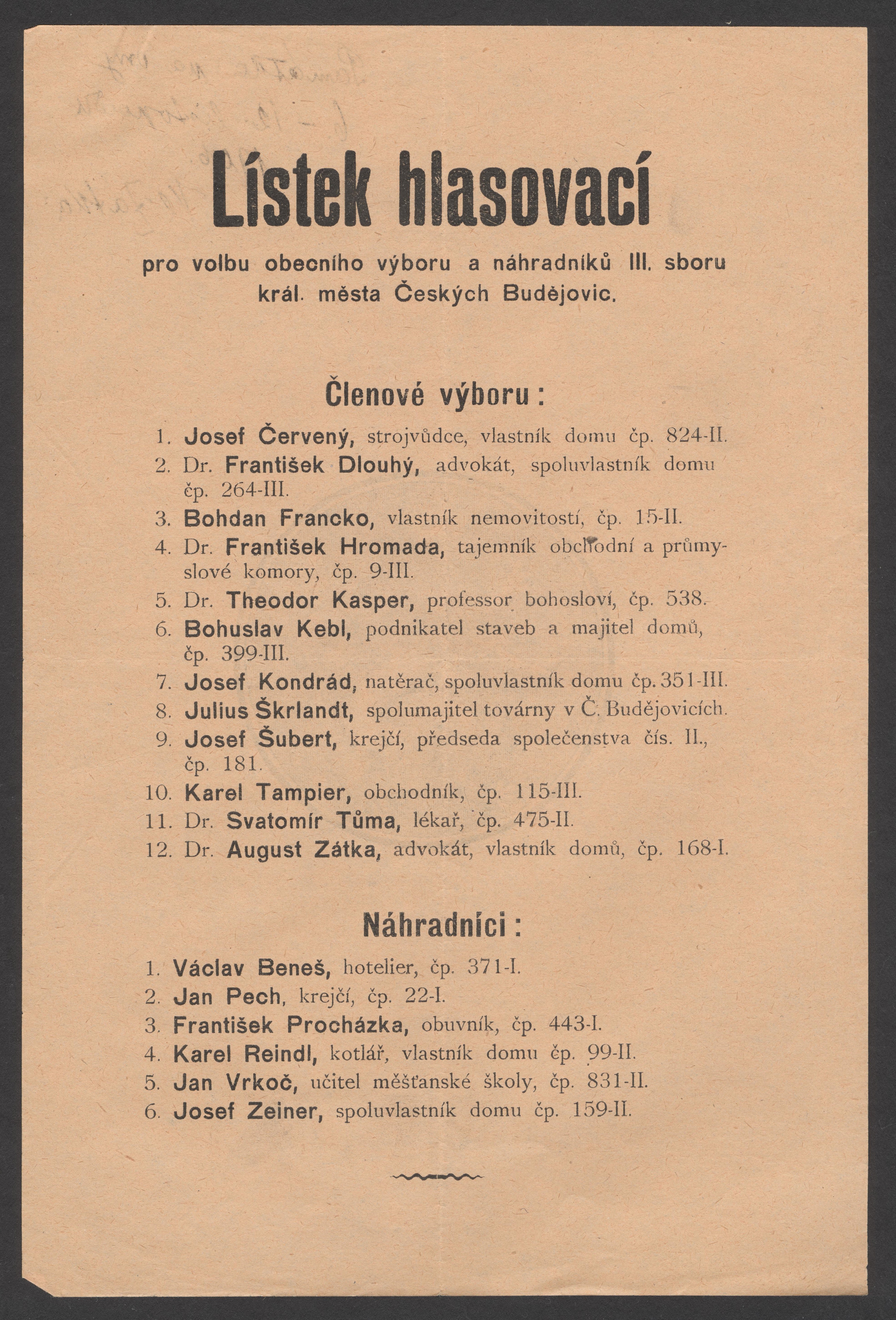 Náhledový obrázek Hlasovací lístek pro volbu obecního výboru náhradníků III. sboru - 1