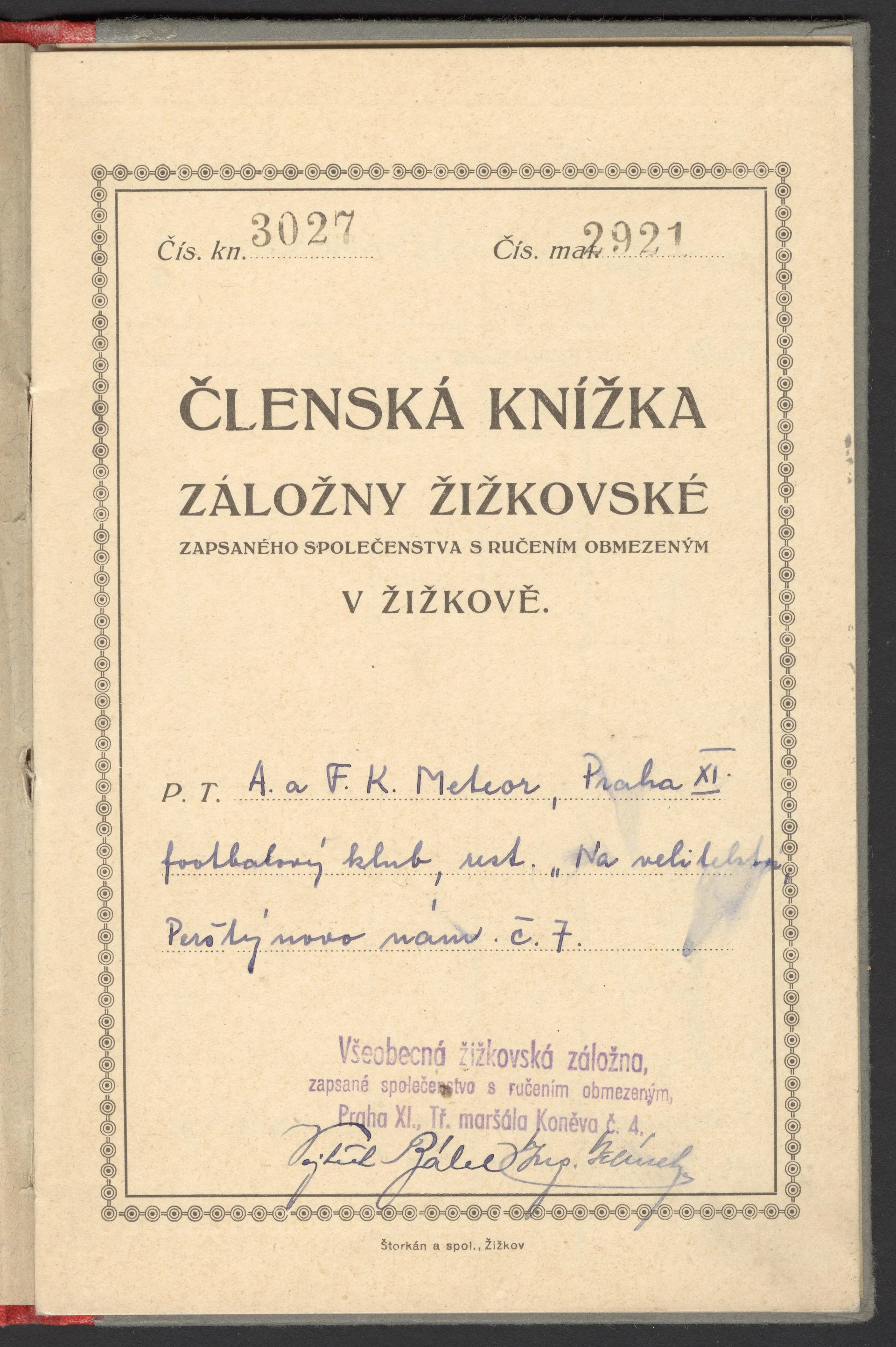 Náhledový obrázek předmětu AFK Meteor, Praha XI. Členská (vkladní) knížka
