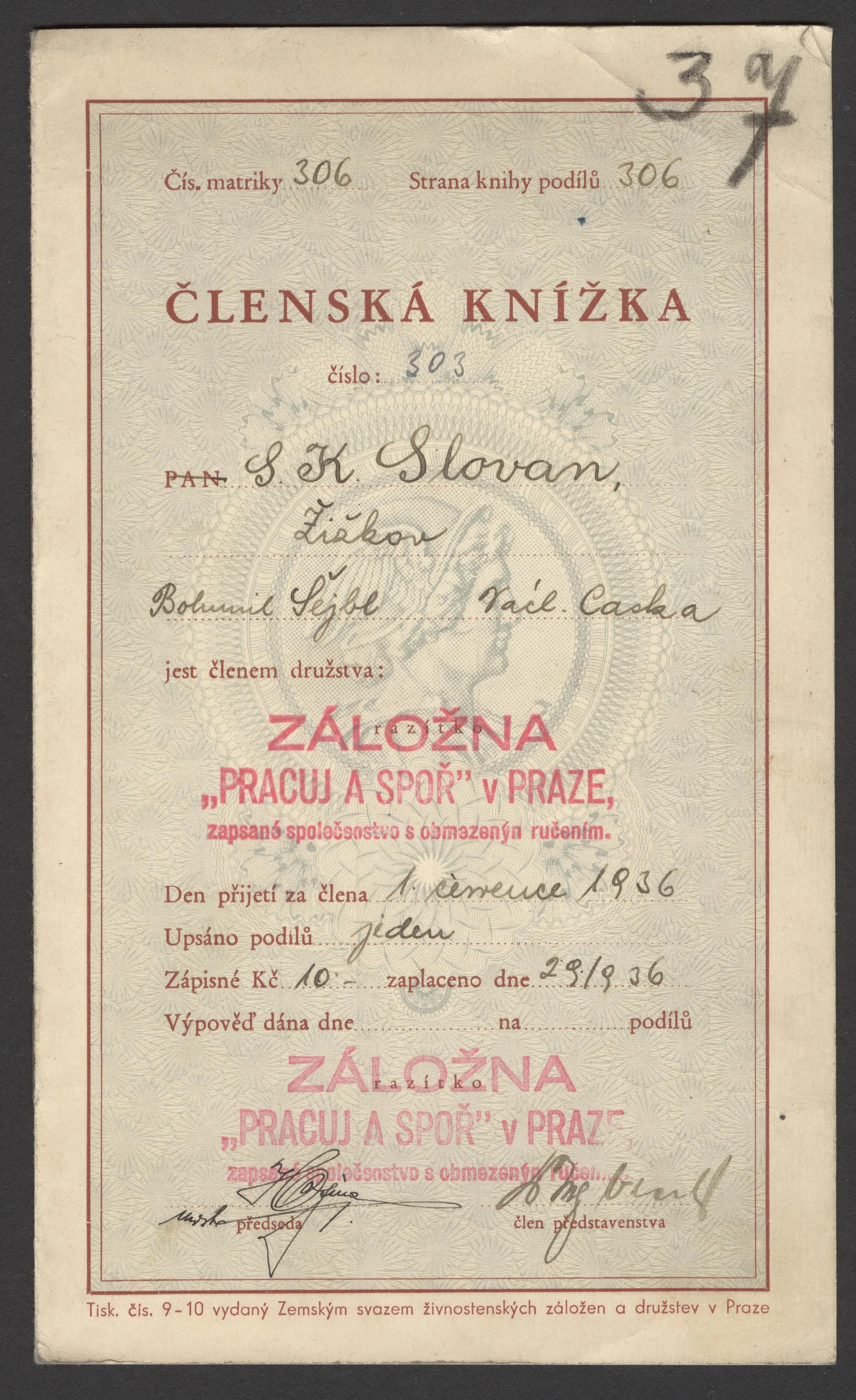 Náhledový obrázek předmětu S. K. Slovan Žižkov. Záloženská členská knížka