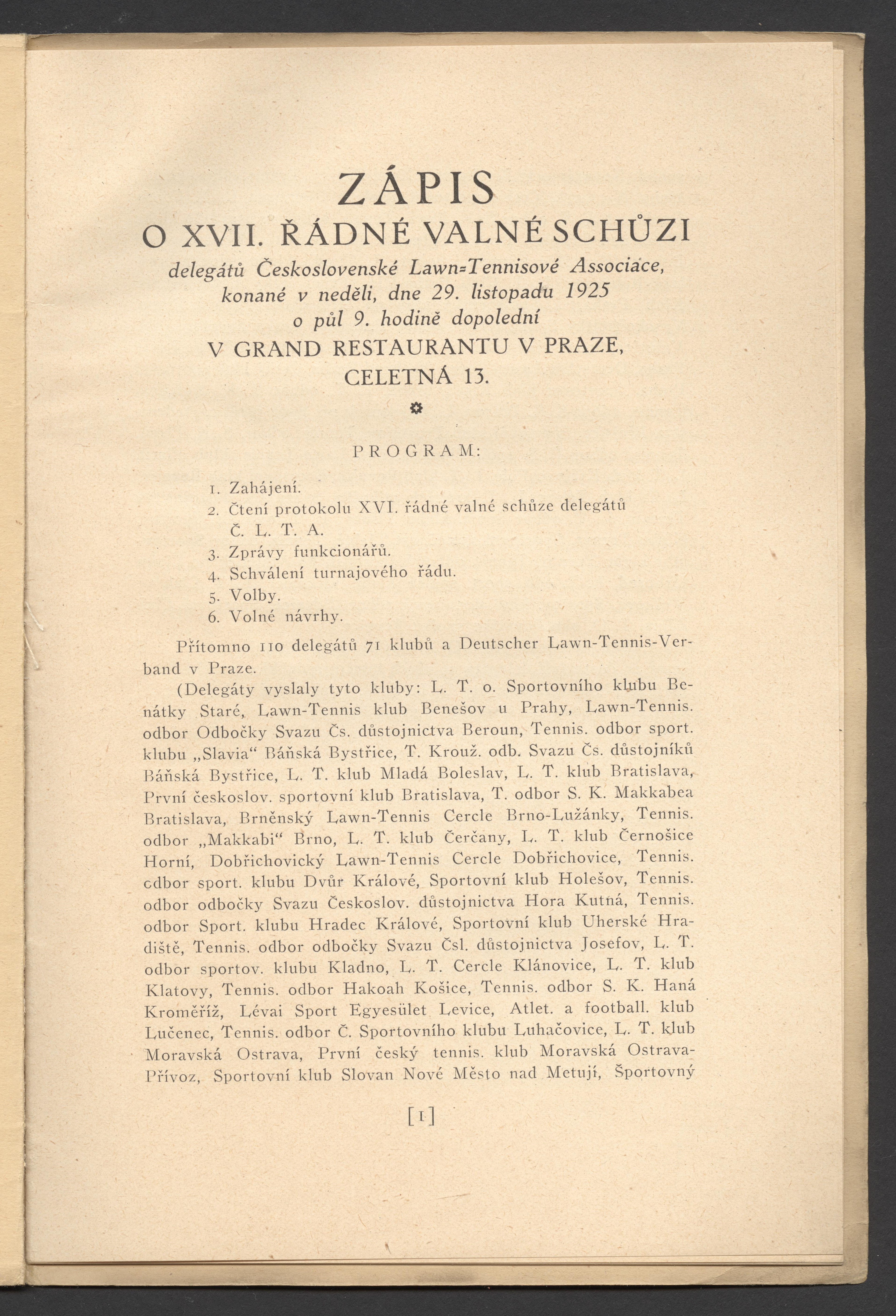 Náhledový obrázek Zápis o XVII. řádné valné schůzi delegátů ČLTA - 1