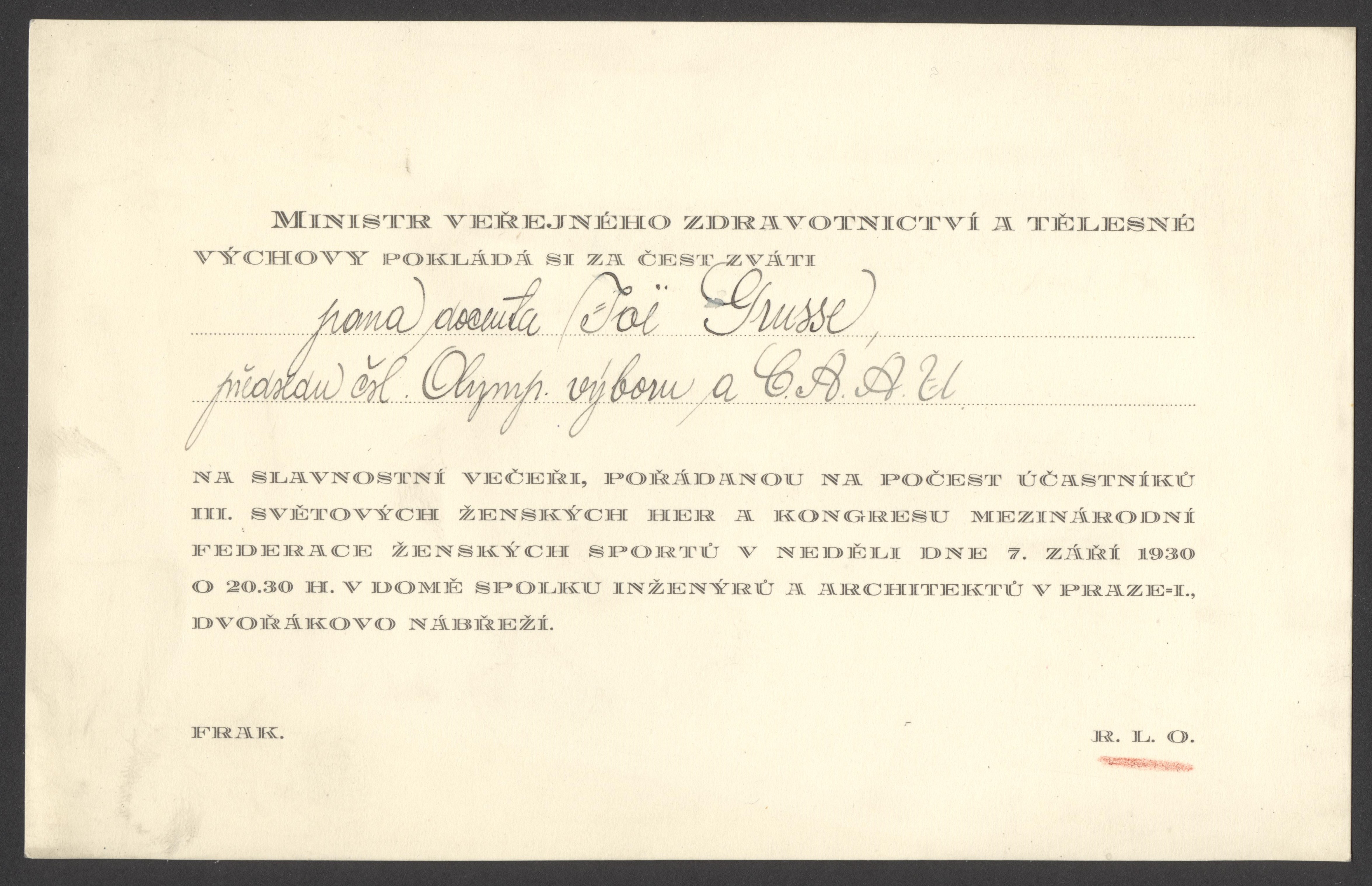 Náhledový obrázek Ženské světové hry 1930. Pozvánka na slavnostní večeři - 1