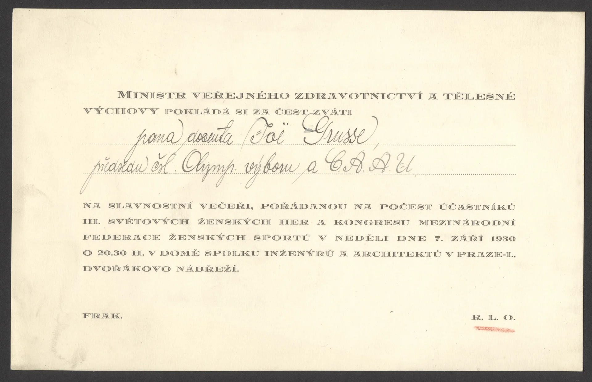Náhledový obrázek předmětu Ženské světové hry 1930. Pozvánka na slavnostní večeři
