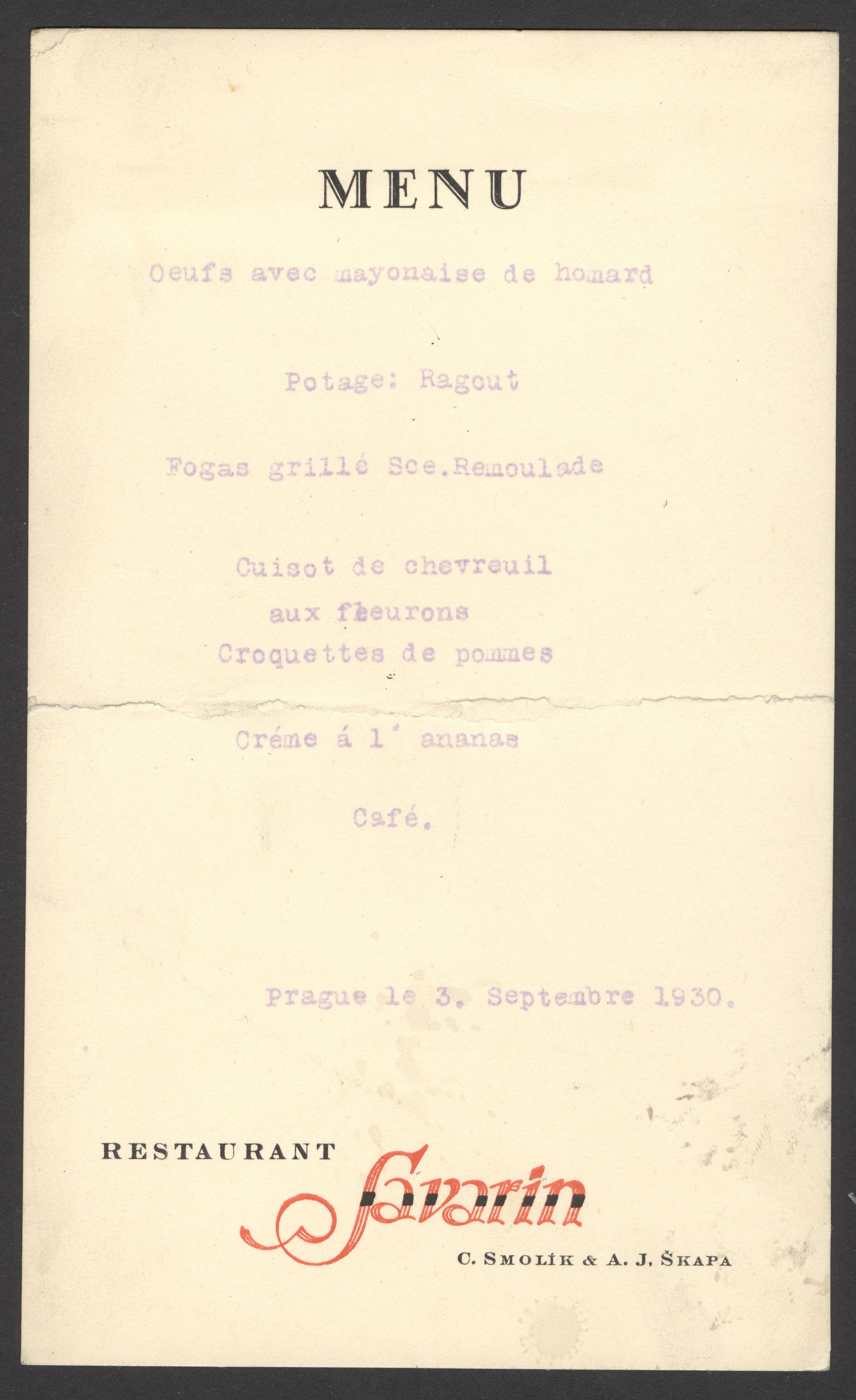 Náhledový obrázek Ženské světové hry 1930. Menu slavnostní večeře - 1