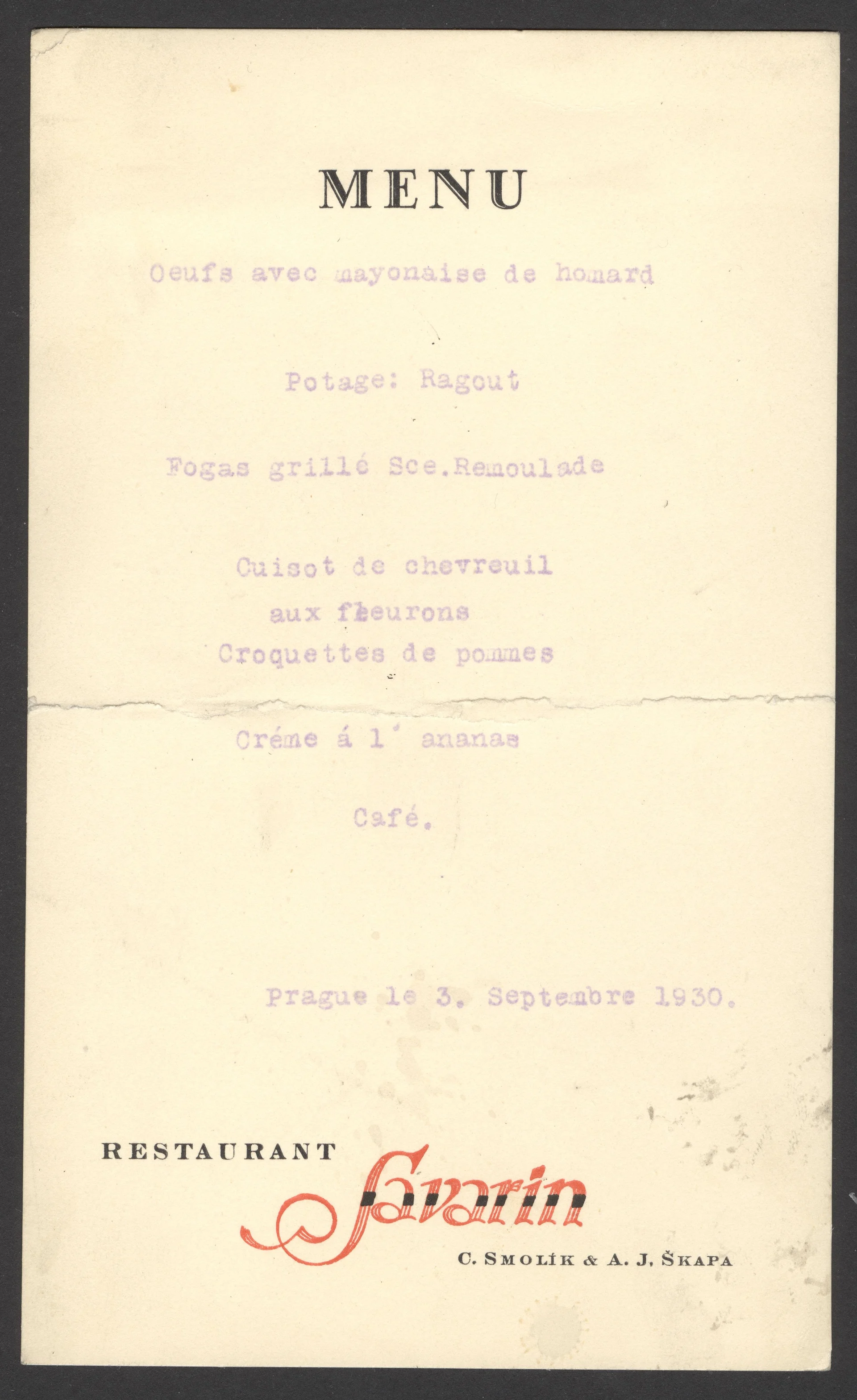 Náhledový obrázek předmětu Ženské světové hry 1930. Menu slavnostní večeře