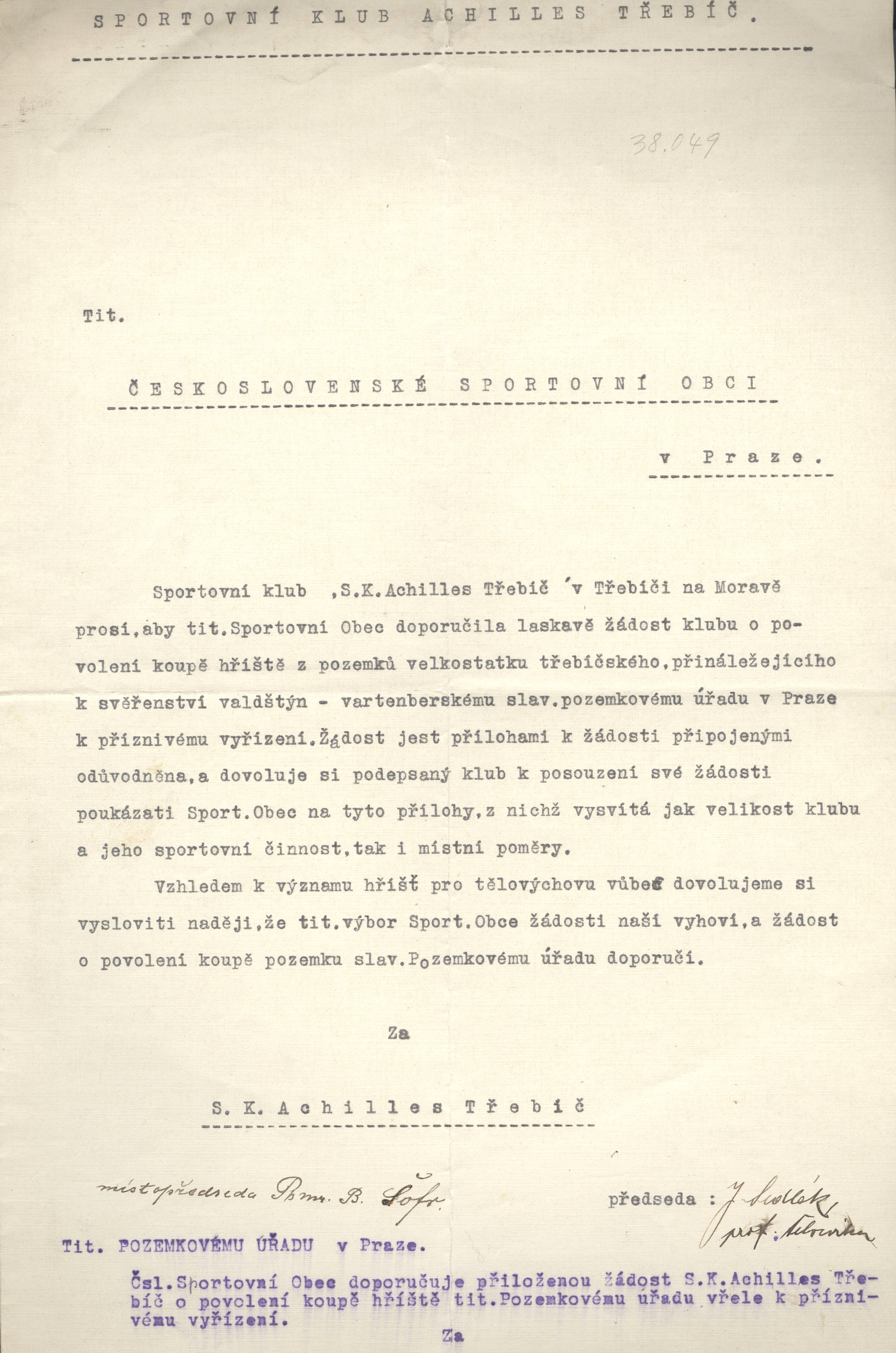 Náhledový obrázek S. K. Archilles Třebíč žádá Čsl. sportovní obec o podporu - 1