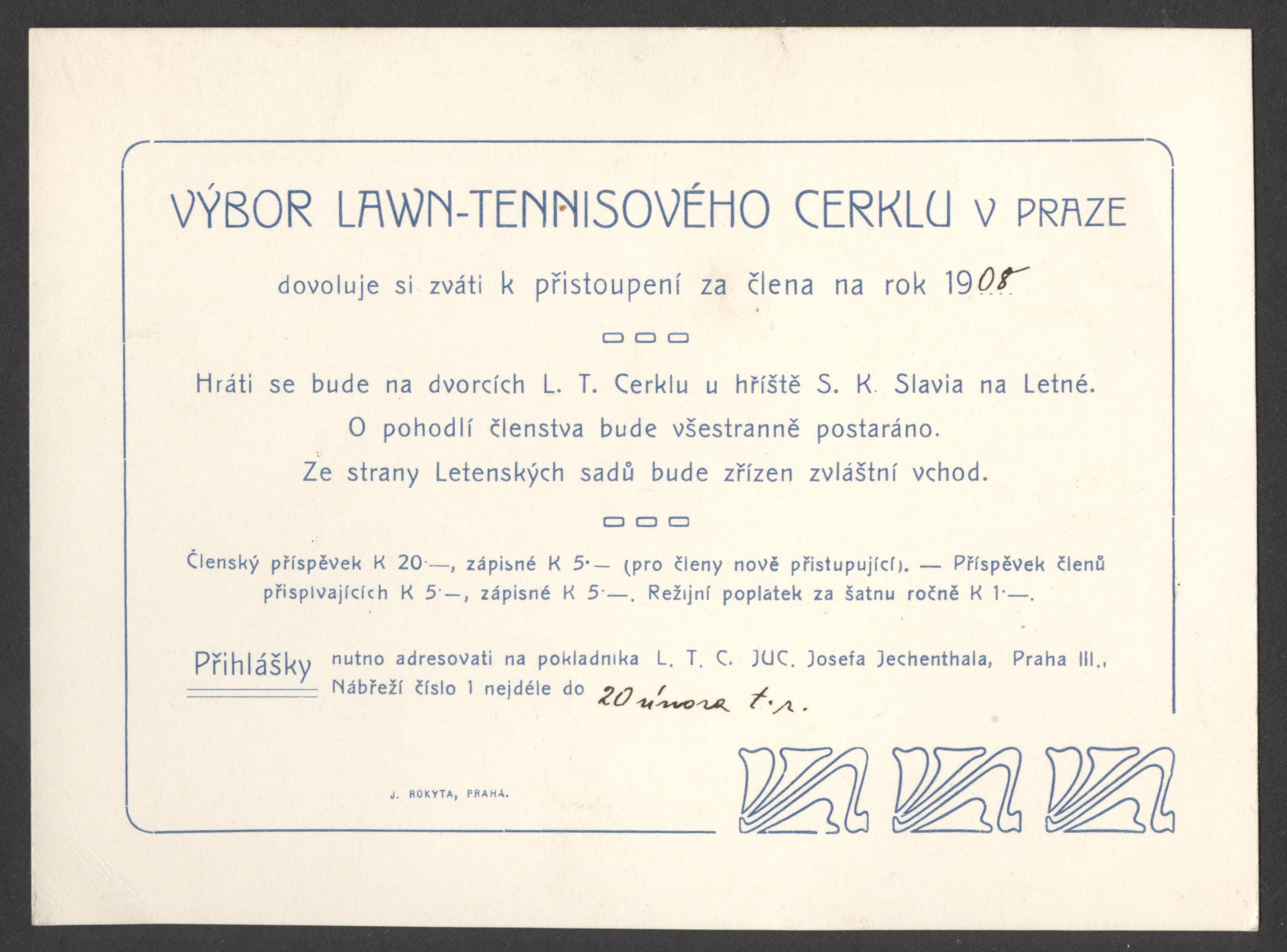 Náhledový obrázek Pozvánka k přistoupení za člena Lawn-Tennisového Cerklu v Praze - 1