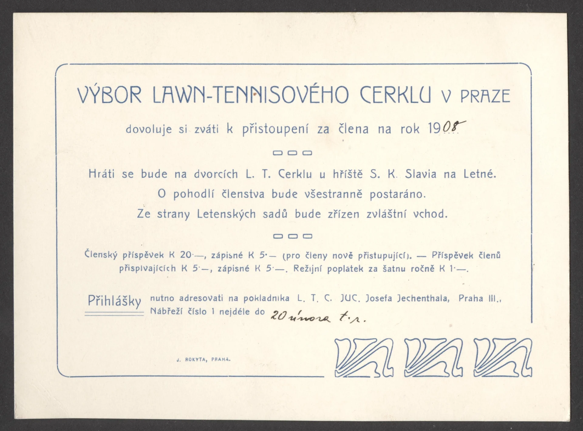 Náhledový obrázek předmětu Pozvánka k přistoupení za člena Lawn-Tennisového Cerklu v Praze