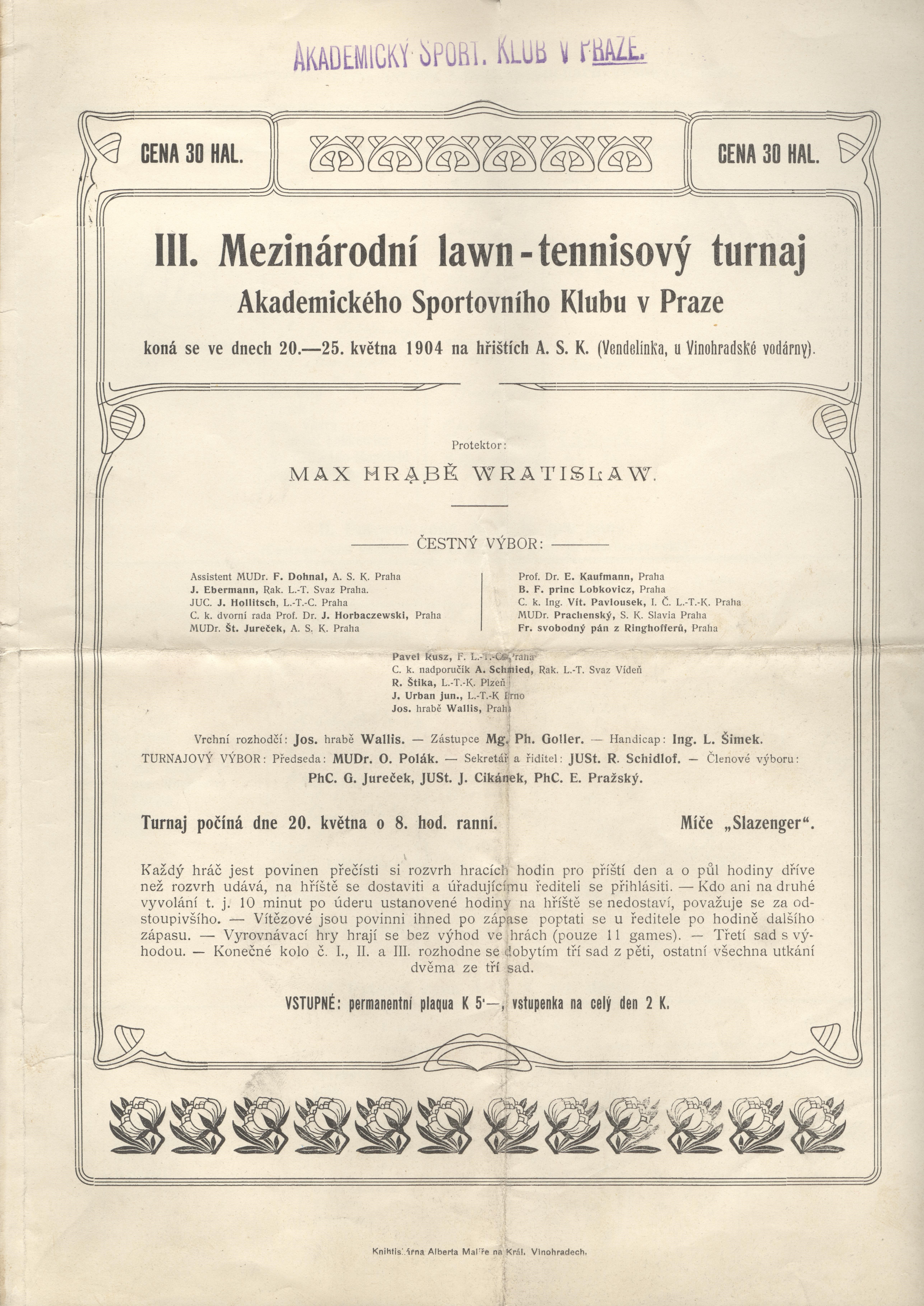 Náhledový obrázek Akademický Sportovní Klub v Praze. III. Mezinárodní lawn-tennisový turnaj - 1