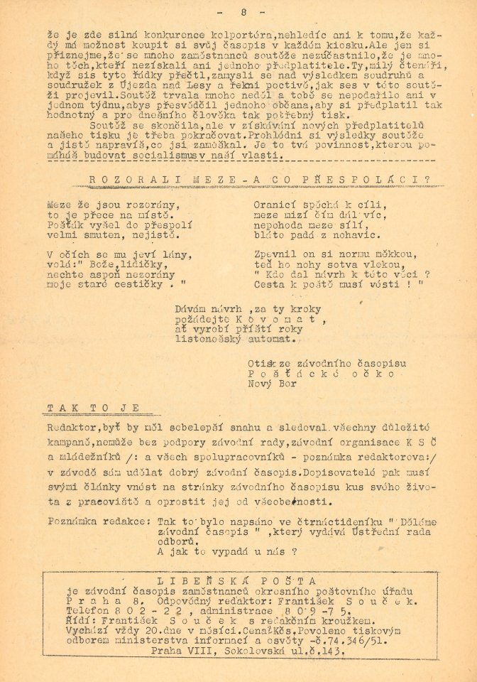 Náhledový obrázek Libeňská pošta, rok 1952, číslo 2 - 5