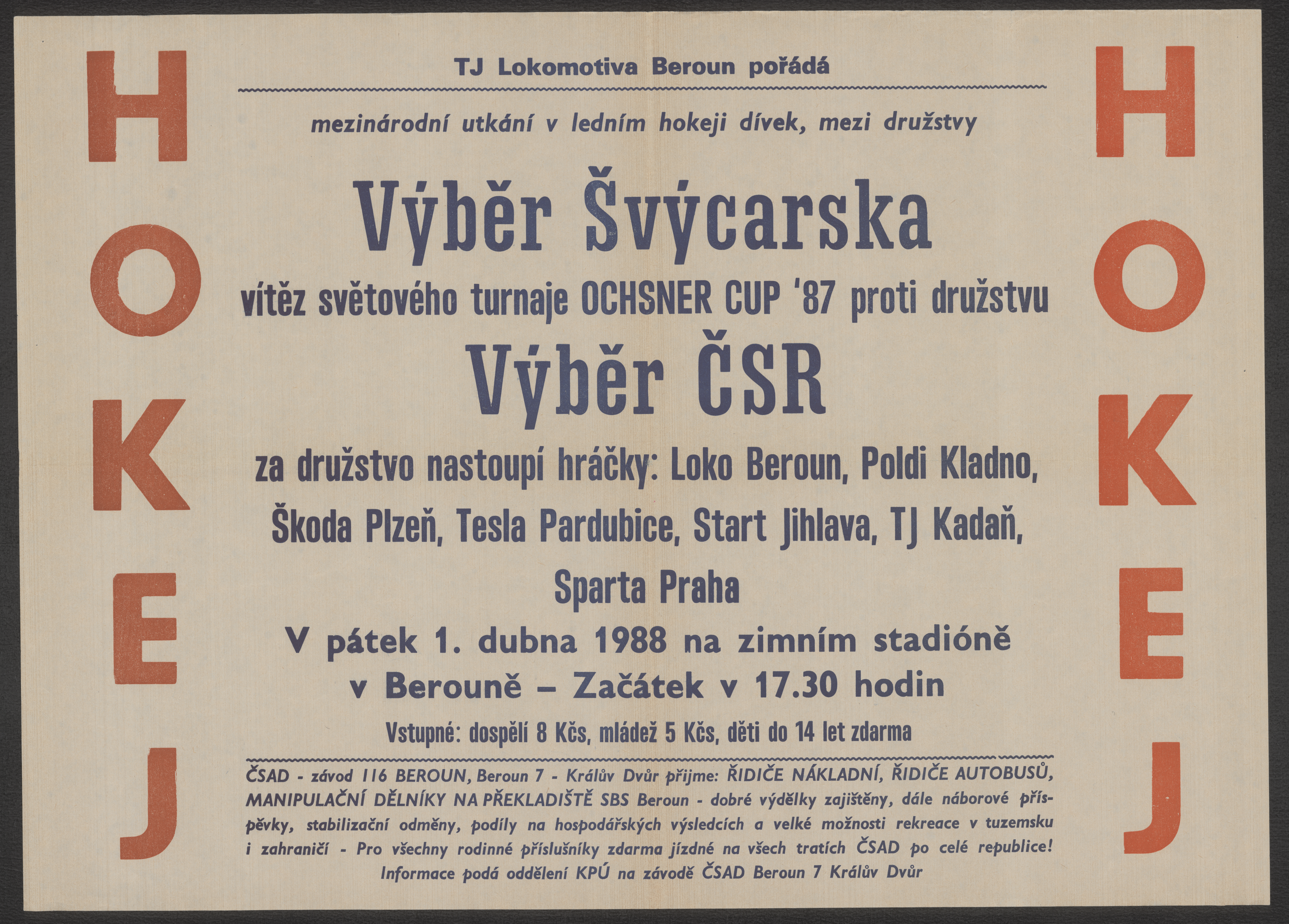 Náhledový obrázek Mezinárodní utkání v ledním hokeji dívek. Výběr Švýcarska - výběr ČSR - 1