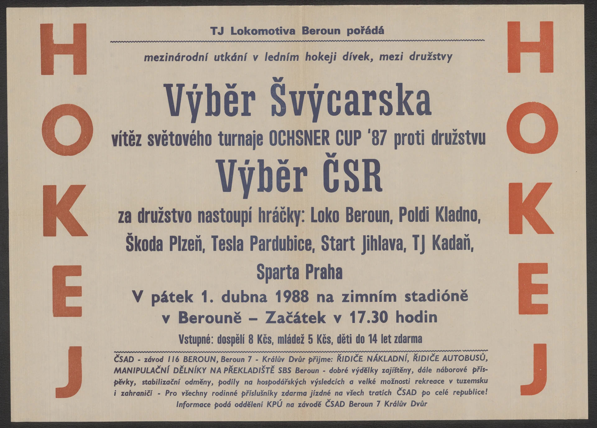 Náhledový obrázek předmětu Mezinárodní utkání v ledním hokeji dívek. Výběr Švýcarska - výběr ČSR
