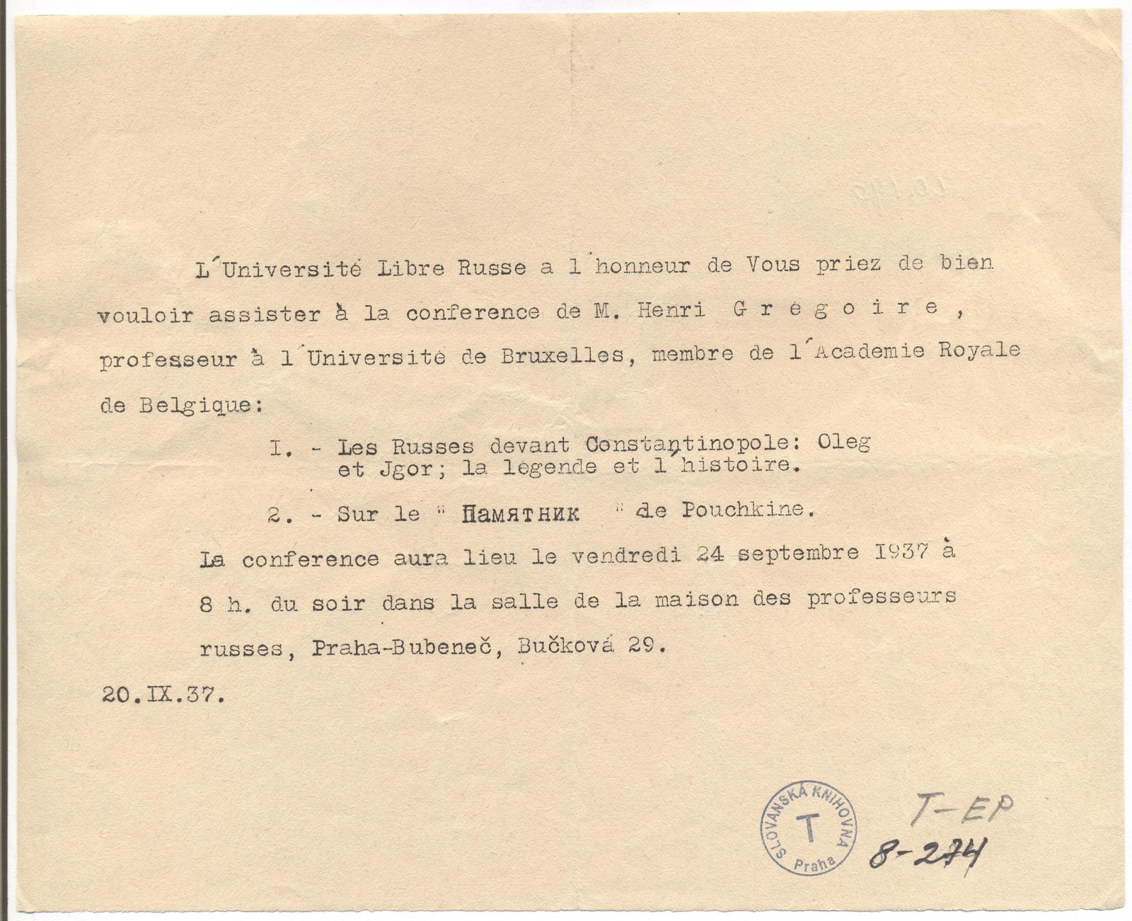 Náhledový obrázek Referát M. Henri Gregoire „Rusové před Cařihradem: Oleg a Igor, legenda a historie“, „K Puškinovu ‚Památníku‘“ - 1