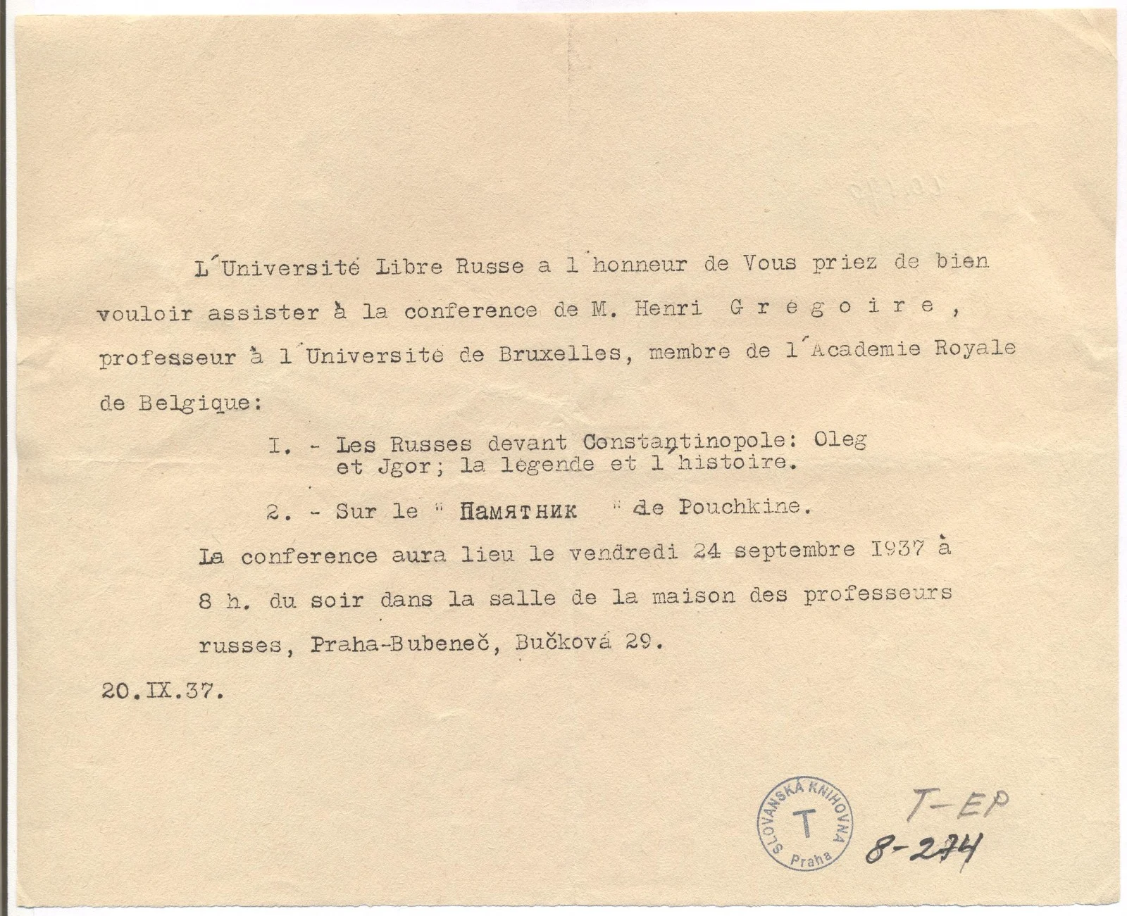 Náhledový obrázek předmětu Referát M. Henri Gregoire „Rusové před Cařihradem: Oleg a Igor, legenda a historie“, „K Puškinovu ‚Památníku‘“