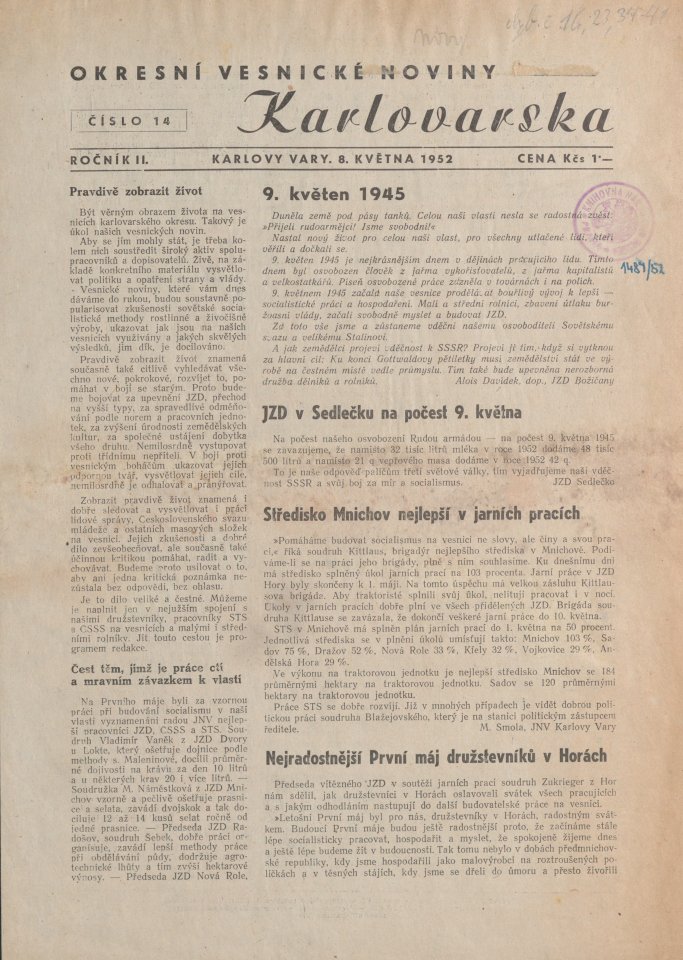 Náhledový obrázek Okresní vesnické noviny Karlovarska, rok 1952, číslo 14 - 1