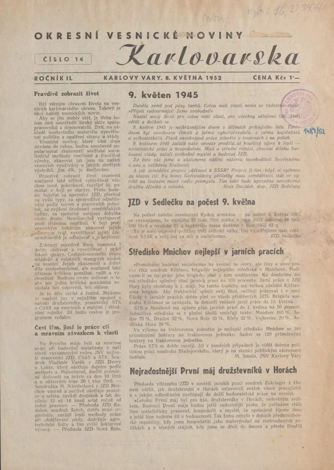 Náhledový obrázek předmětu Okresní vesnické noviny Karlovarska, rok 1952, číslo 14