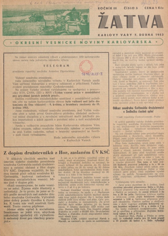 Náhledový obrázek Žatva, rok 1953, číslo 8 - 1