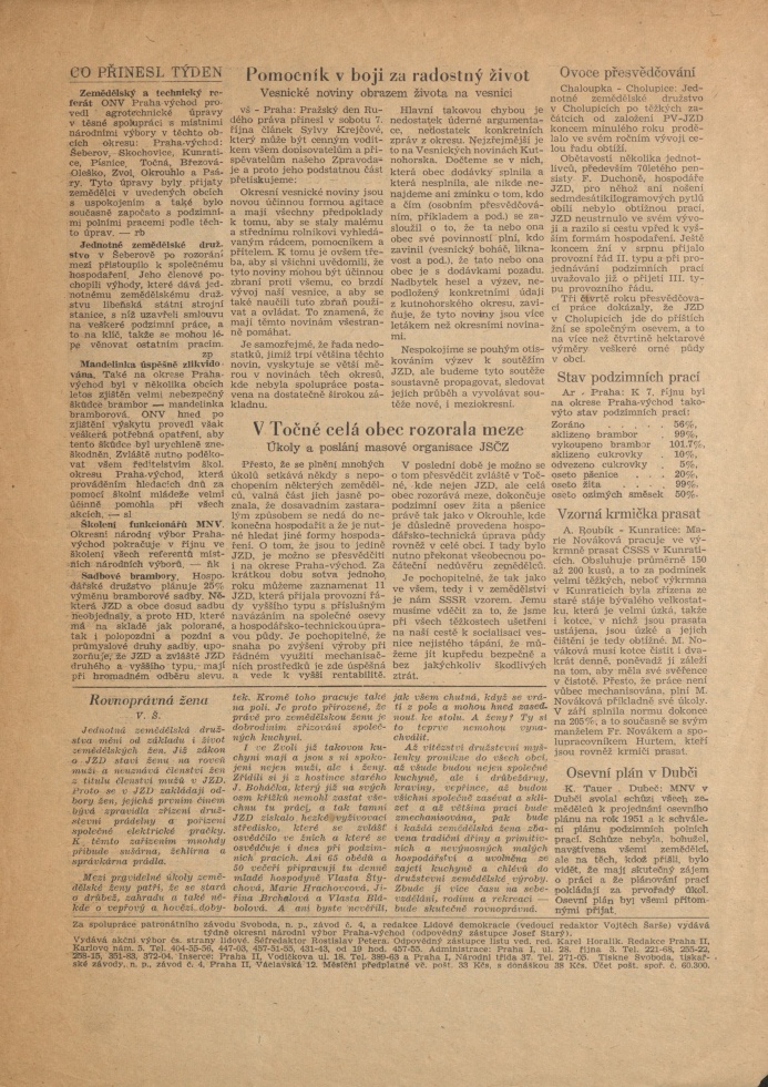 Náhledový obrázek Zemědělský zpravodaj okresu Praha-východ, rok 1950, číslo 1 - 2