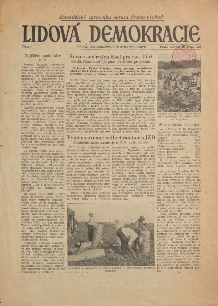 Náhledový obrázek Zemědělský zpravodaj okresu Praha-východ, rok 1950, číslo 2 - 1