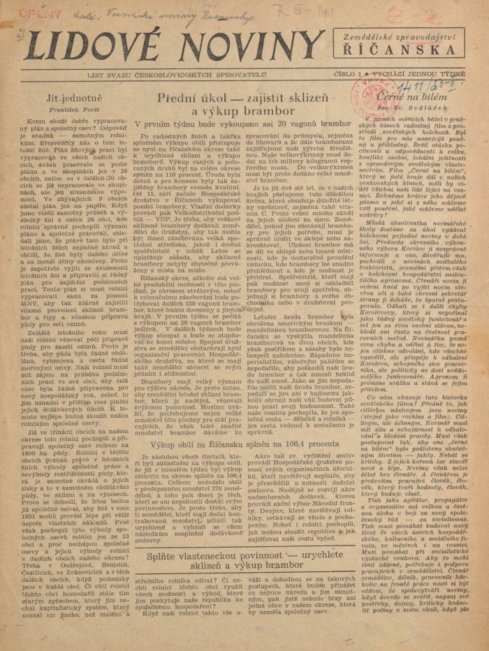 Náhledový obrázek Zemědělské zpravodajství Říčanska, rok 1950, číslo 1 - 1