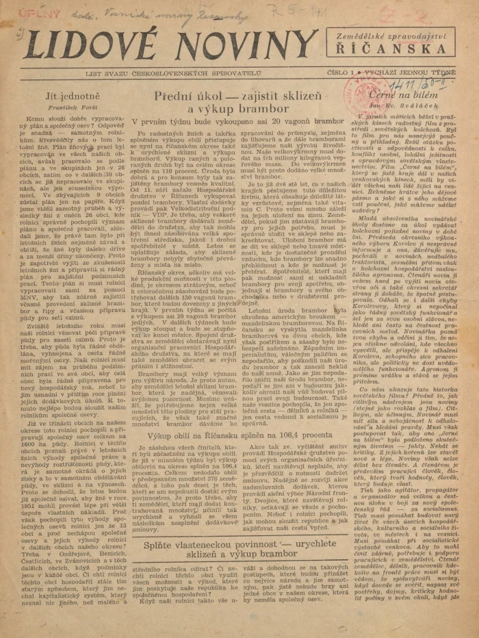 Náhledový obrázek předmětu Zemědělské zpravodajství Říčanska, rok 1950, číslo 1