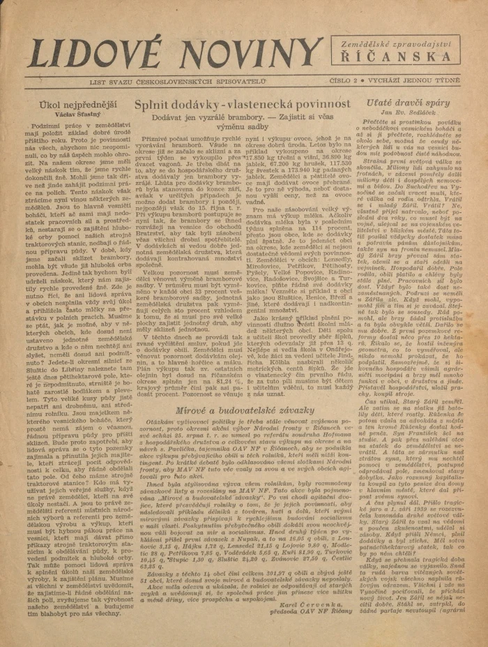 Náhledový obrázek předmětu Zemědělské zpravodajství Říčanska, rok 1950, číslo 2