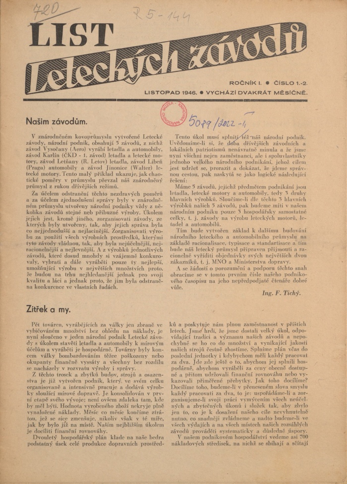 Náhledový obrázek List leteckých závodů, rok 1946, číslo 1-2 - 1