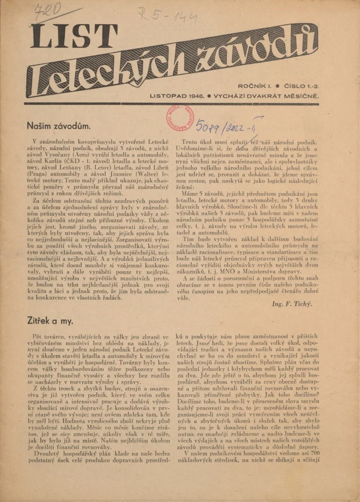 Náhledový obrázek předmětu List leteckých závodů, rok 1946, číslo 1-2