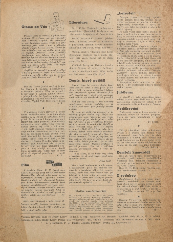 Náhledový obrázek List rudého Letova (1945-1946), rok 1946, číslo 6 - 8