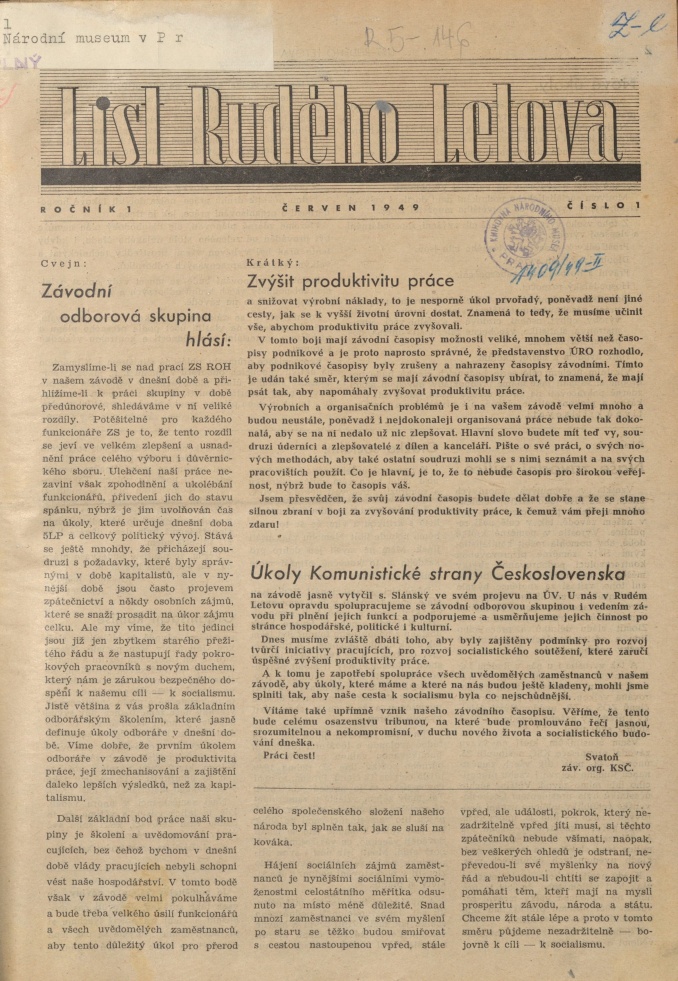 Náhledový obrázek List rudého Letova (1949-1951), rok 1949, číslo 1 - 1