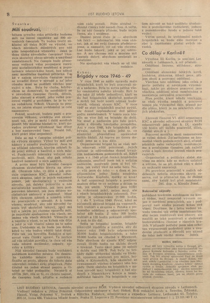 Náhledový obrázek List rudého Letova (1949-1951), rok 1949, číslo 1 - 8