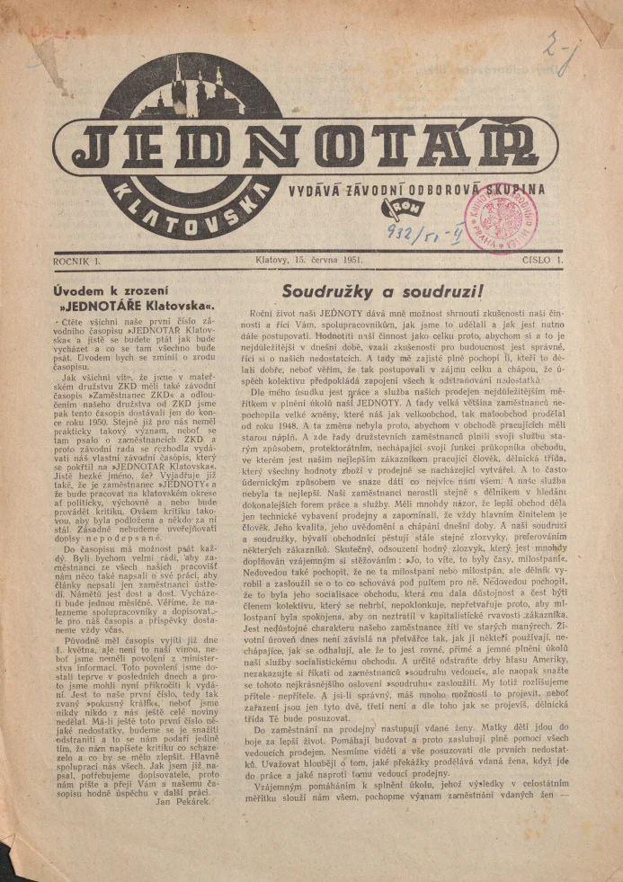 Náhledový obrázek předmětu Jednotář Klatovska, rok 1951, číslo 1