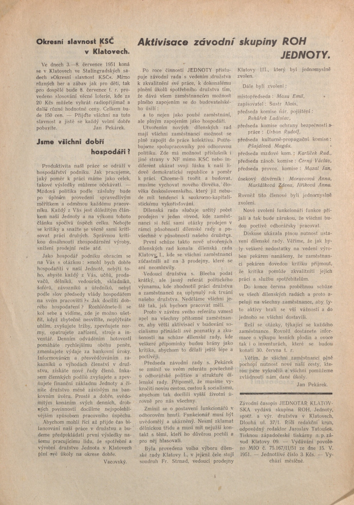 Náhledový obrázek Jednotář Klatovska, rok 1951, číslo 1 - 4