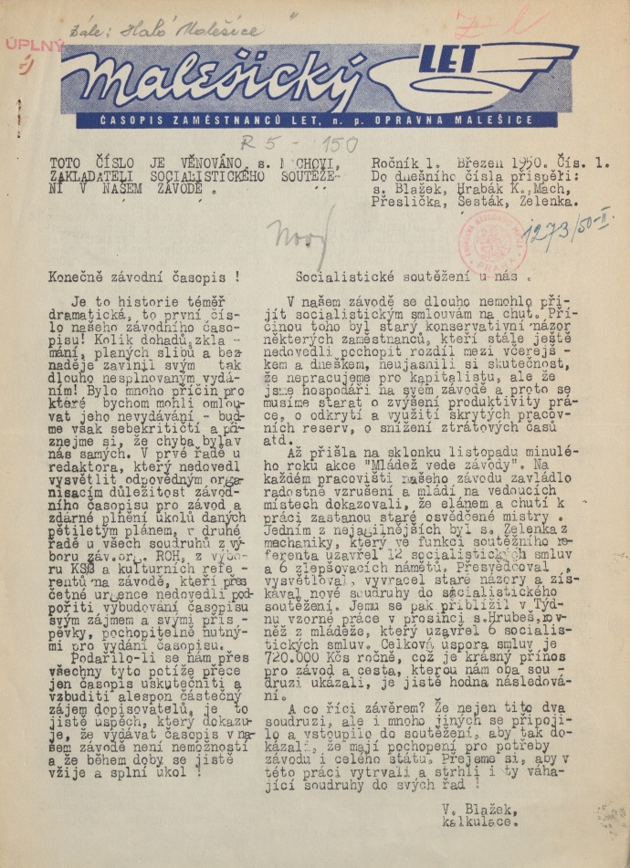 Náhledový obrázek Malešický LET, rok 1950, číslo 1 - 1