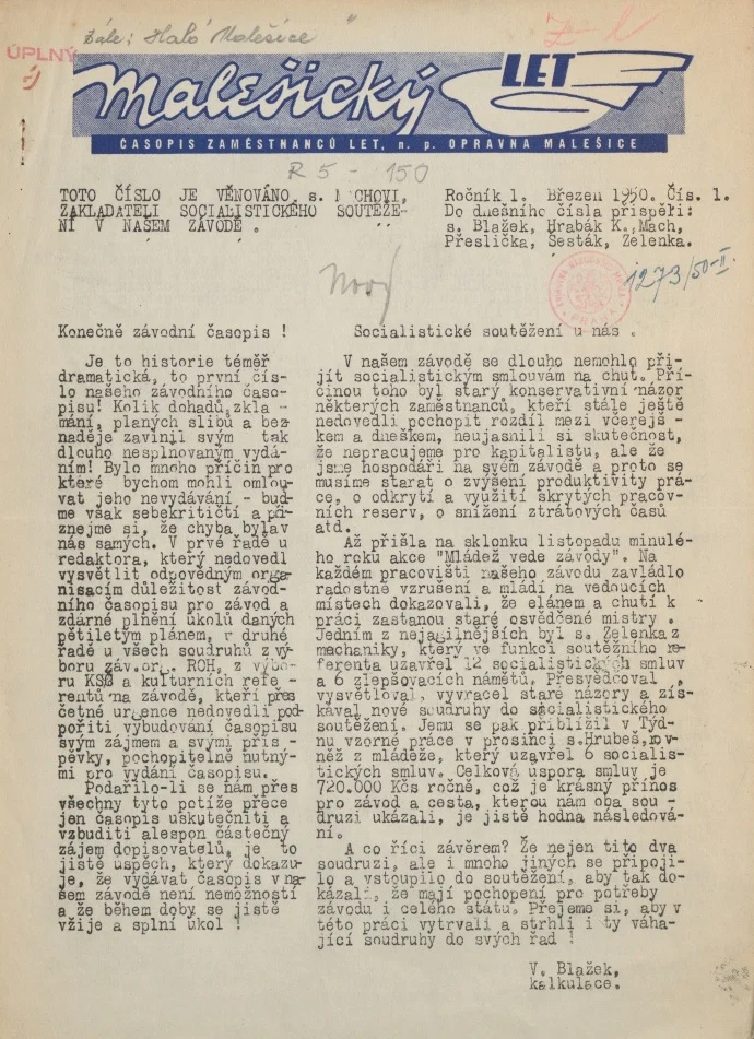 Náhledový obrázek předmětu Malešický LET, rok 1950, číslo 1