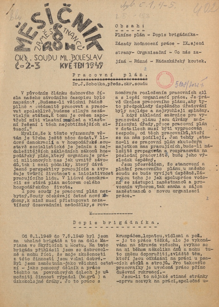 Náhledový obrázek Měsíčník zaměstnanců ROH okr. soudu Ml. Boleslav, rok 1949, číslo 2-3 - 1