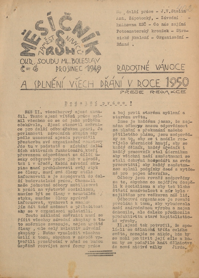 Náhledový obrázek Měsíčník zaměstnanců ROH okr. soudu Ml. Boleslav, rok 1949, číslo 6 - 1