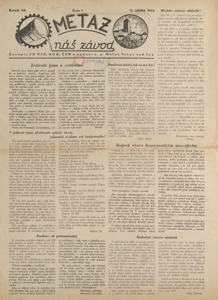 Náhledový obrázek předmětu Metaz, rok 1955, číslo 1