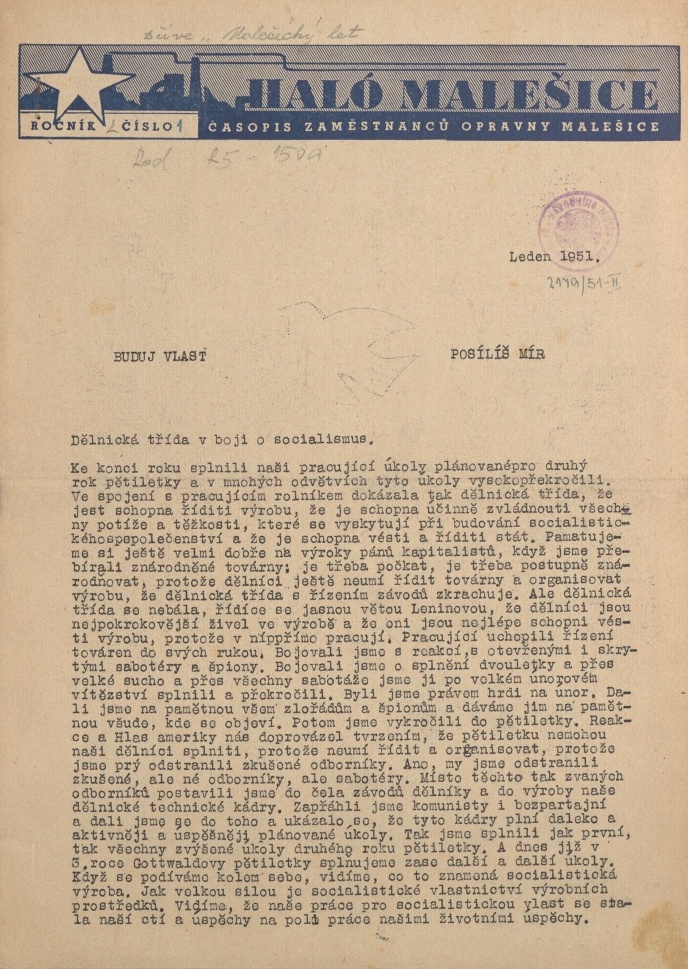 Náhledový obrázek Haló Malešice, rok 1951, číslo 1 - 1