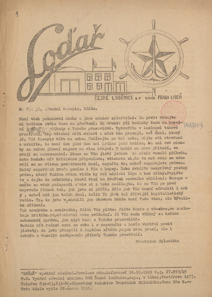 Náhledový obrázek Loďař, rok 1952, číslo 1 - 1