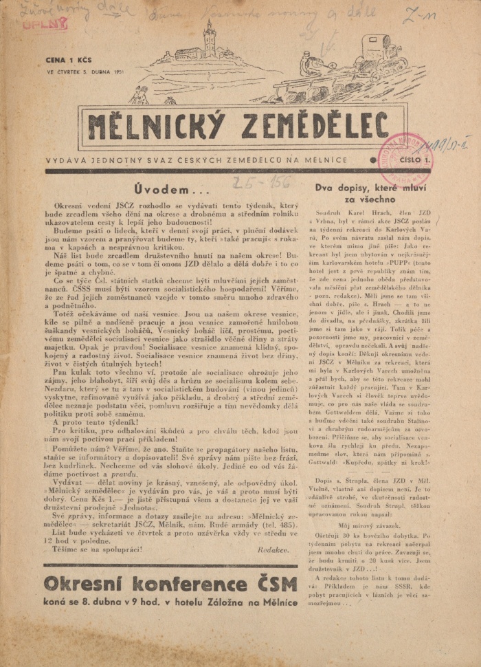 Náhledový obrázek Mělnický zemědělec, rok 1951, číslo 1 - 1